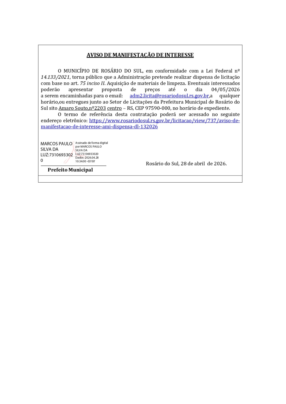 AVISO DE MANIFESTAÇÃO DE INTERESSE- DL 13/2026