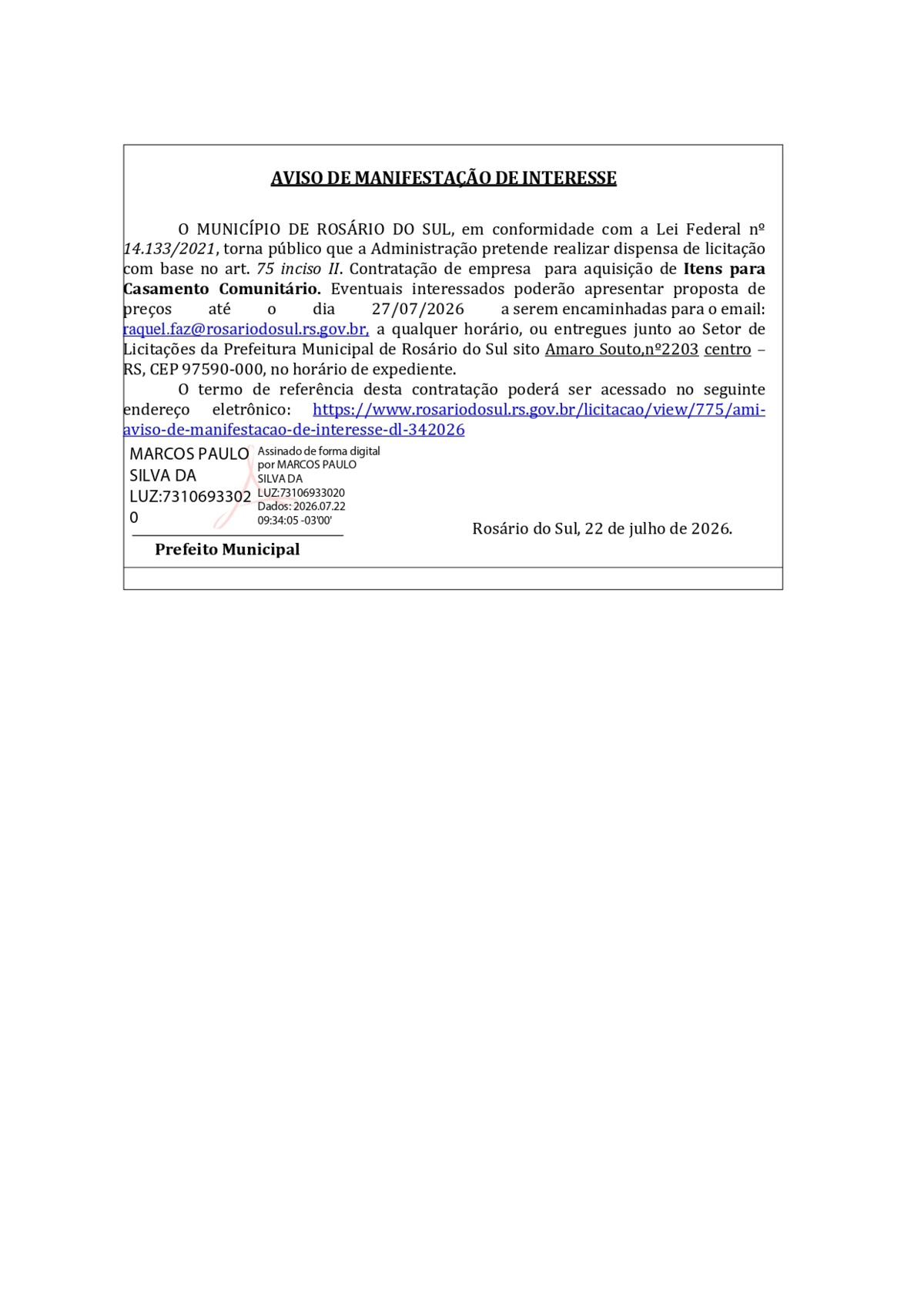 AMI - Aviso de Manifestação de Interesse - DL 34/2026