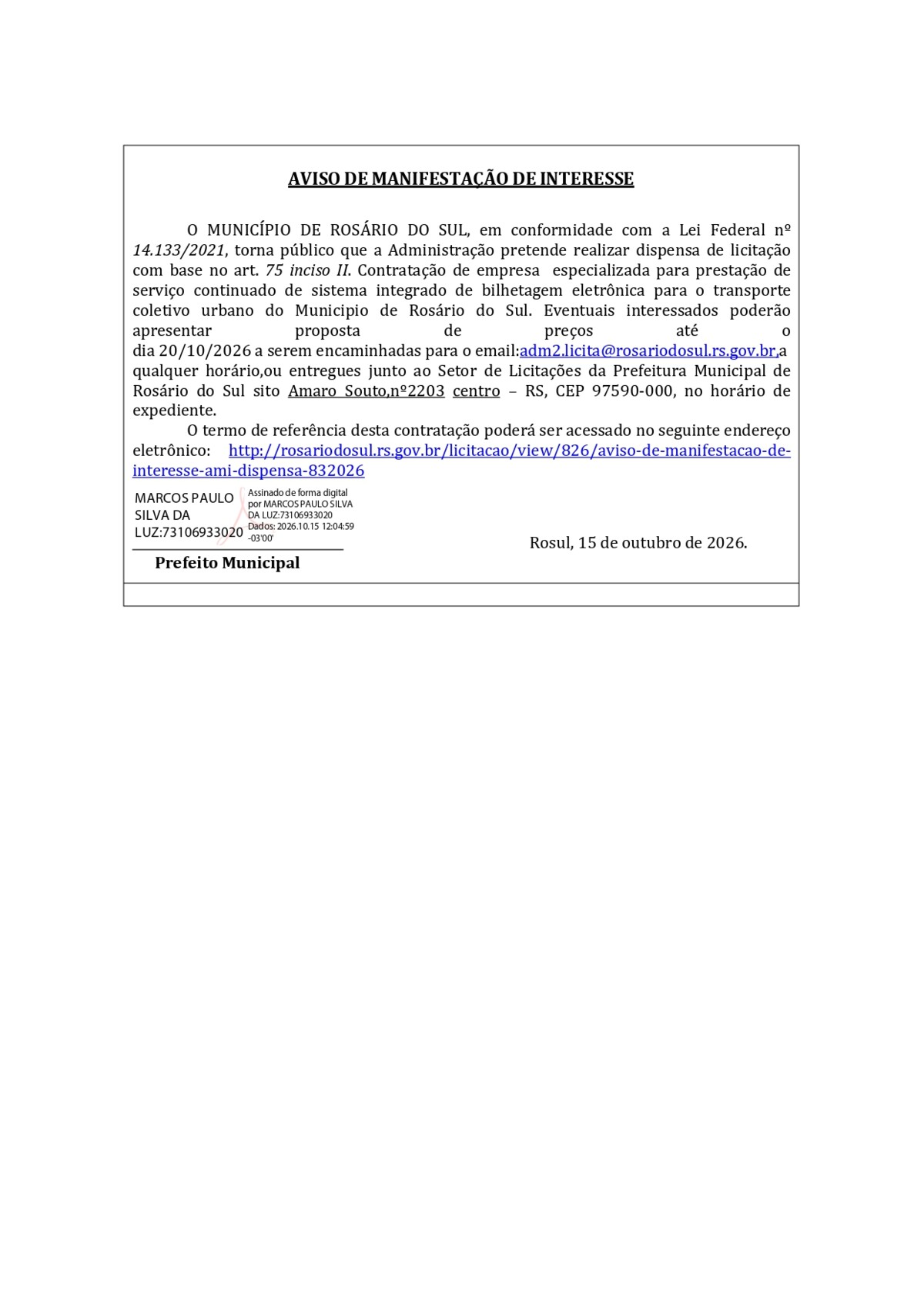 AMI- AVISO DE MANIFESTAÇÃO DE INTERESSE- Bilhetagem Eletrônica